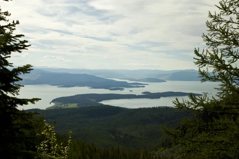 Flathead Lake and islands from a high forested overlook